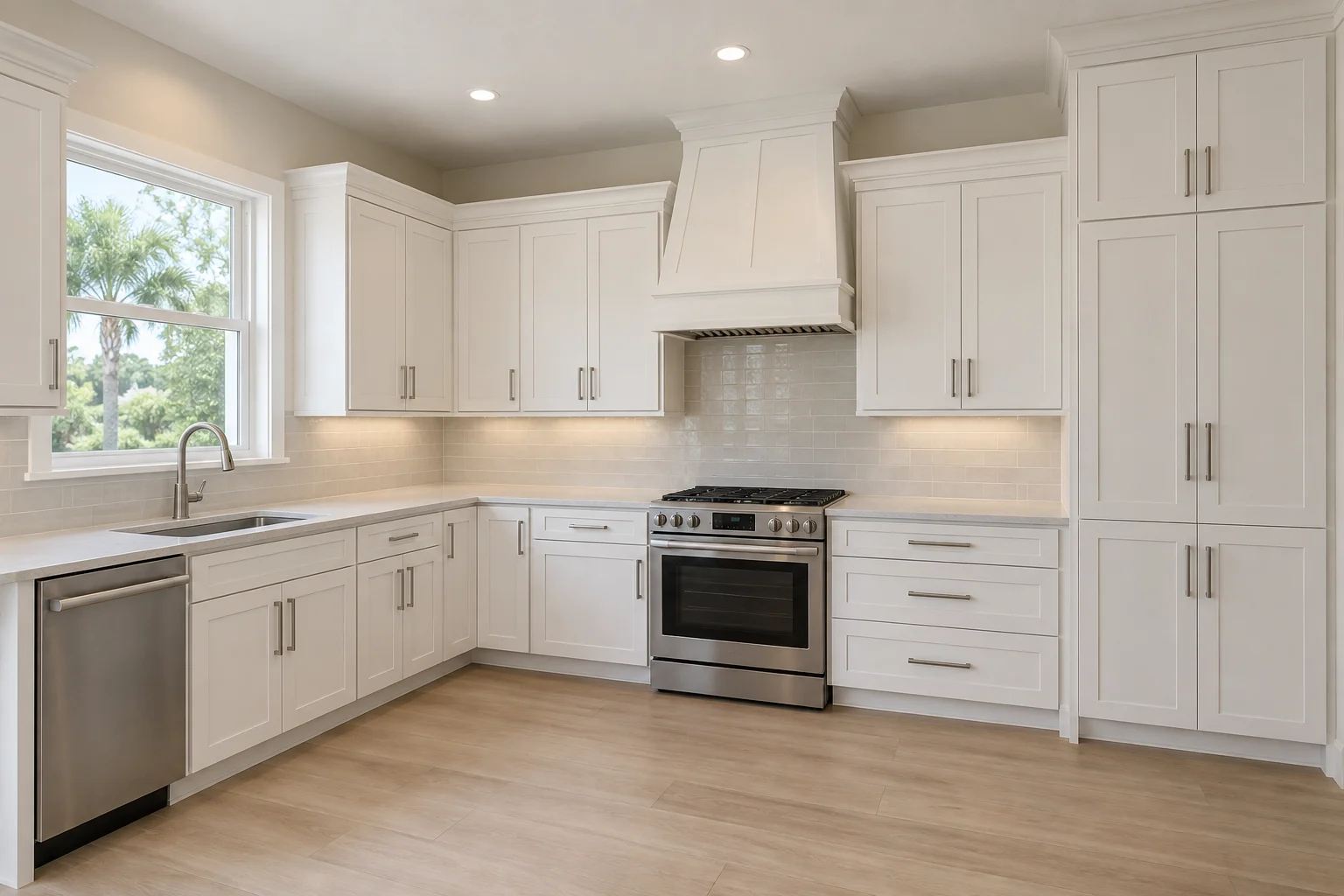 Illustration of warm white shaker kitchen cabinets with a tall pantry and brushed metal pulls